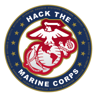 United States Marine Corps emblem with an eagle, globe, and anchor, surrounded by the text 'HACK THE MARINE CORPS' and binary code.